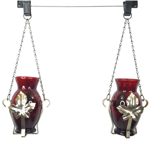 Hanging Red Glass Metal Candle Lanterns Leaf Set Of 2 - Picture 1 of 14